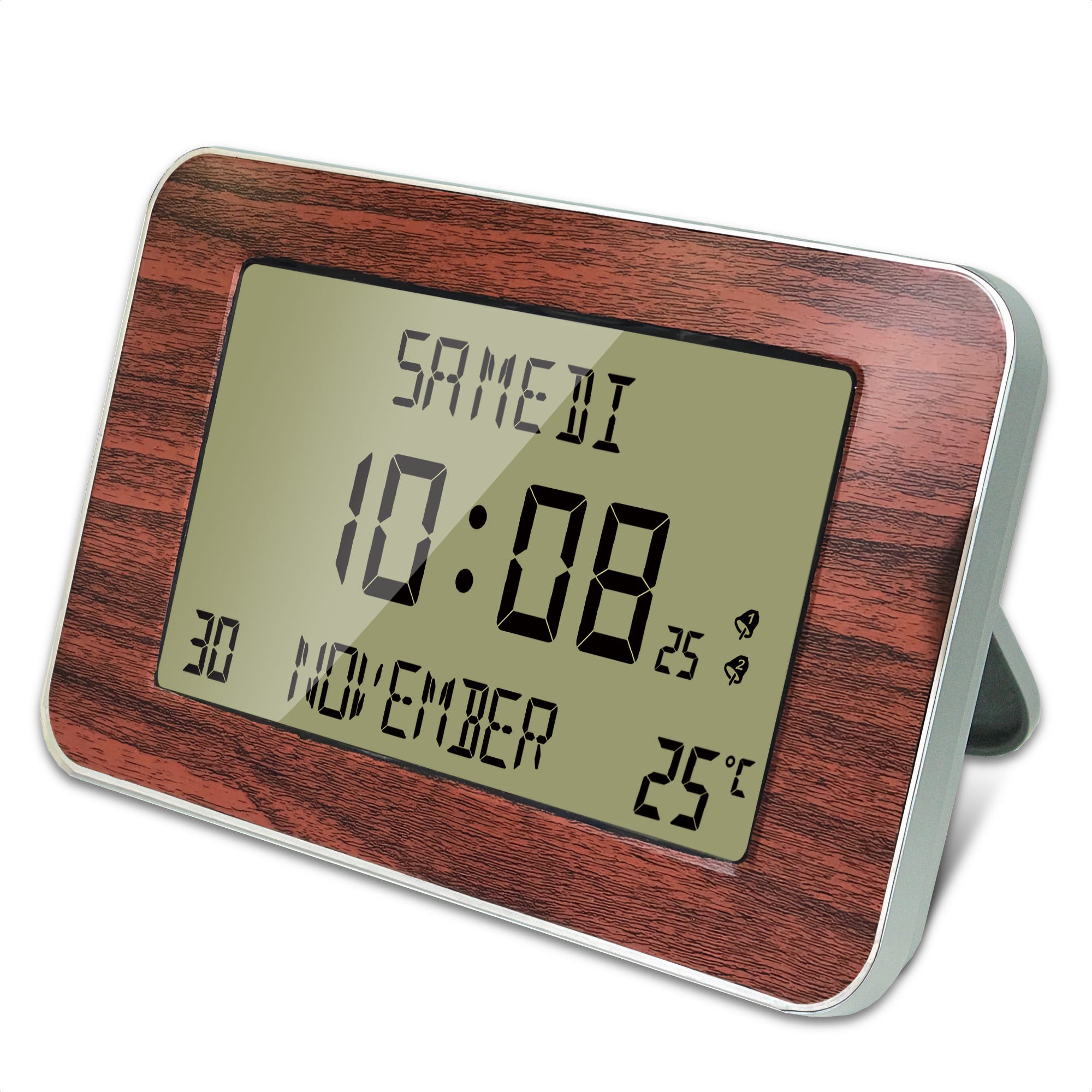 Orologio da parete digitale radiocontrollato, calendario, 6 lingue,  temperatura ambiente, da parete o da base