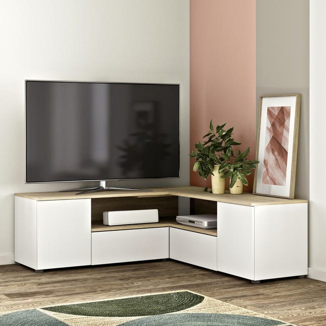 Mueble de TV ANGLE Blanco y Roble natural 130 X 130