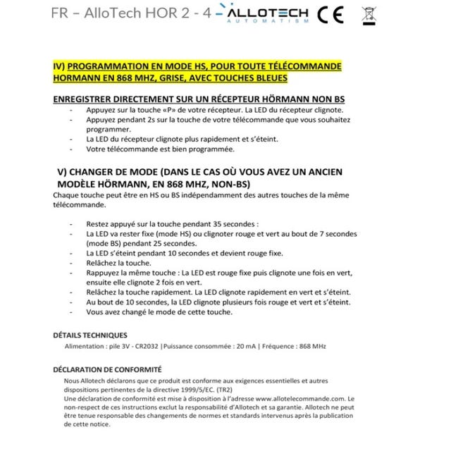Télécommande ALLOTECH HOR2 compatible avec Hormann HSE2-868-BS,  HSE4-868-BS, Compatible BiSecur