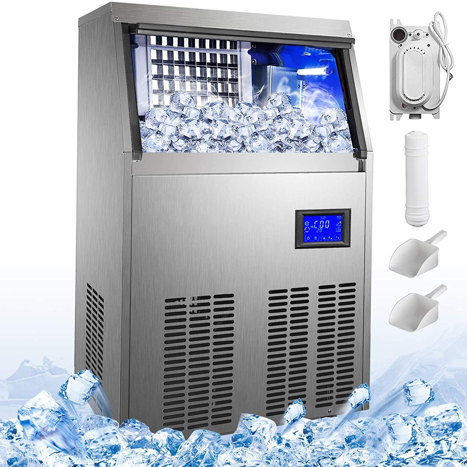 Machine à Glaçons Professionnelle 50KG par 24H 4X9 Cubes Machine à Glaçons  Automatique Commercial Ice Maker Réglage de l'Épaisseur