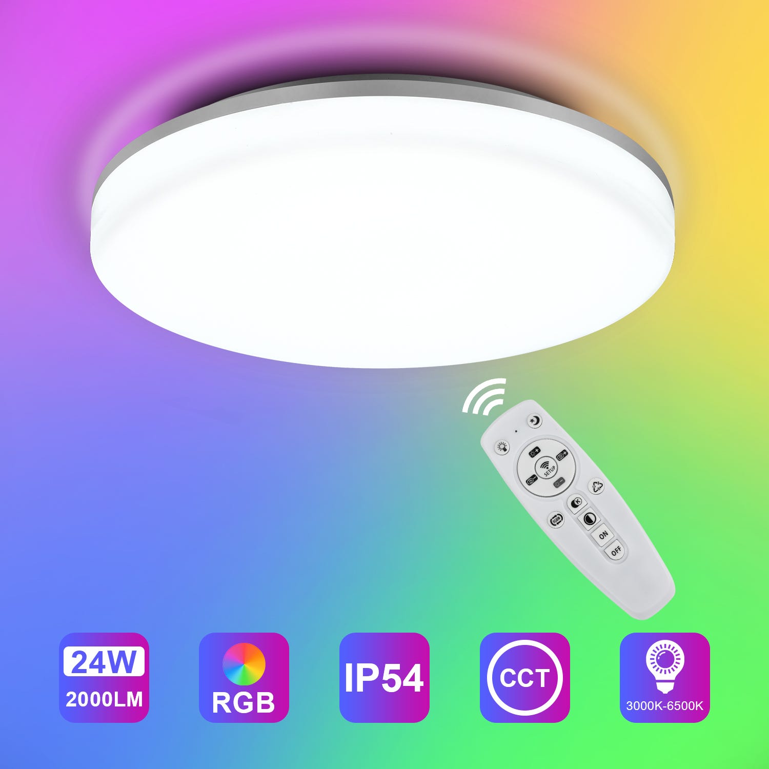 LEOEU Plafonnier LED RGB dimmable avec télécommande, Plafonnier LED RGB 36W  3600lm dimmable avec 7 couleurs de lumière, IP54 led salle de bain dimmable  pour salon chambre chambre d'enfant salle de 