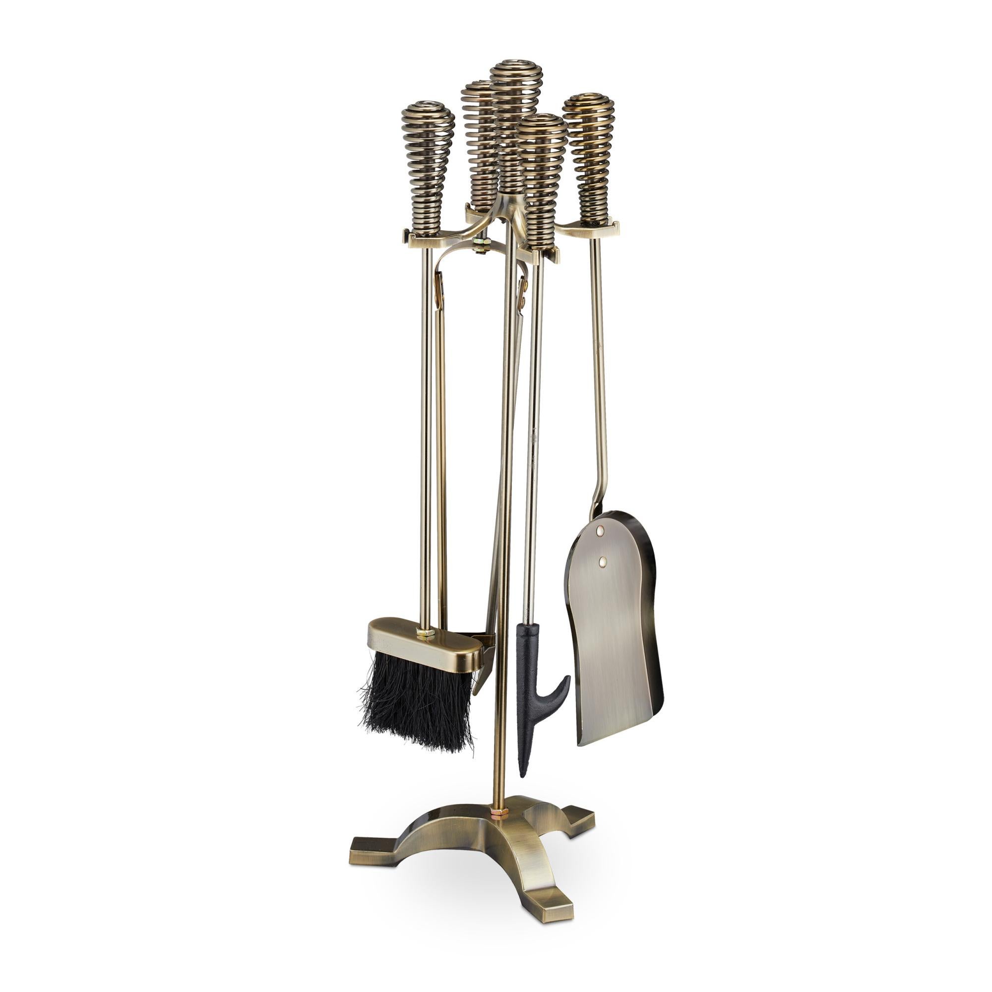 Relaxdays Set Attrezzi Da Camino, 5 Accessori Con Attizzatoio Paletta Scopino Pinza E Supporto Porta Utensili Dorato 84622664 - copertina