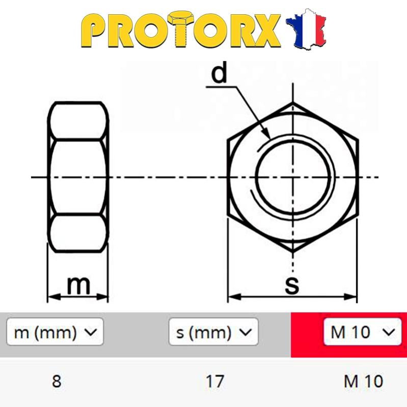 ÉCROU HEXAGONAL H (HU) : M10 x 20pcs | Acier Inoxydable A2 (Diam. Intérieur : 10mm | Diam. Extérieur : 17mm) Bricolage-Réparation Norme DIN934 - 2