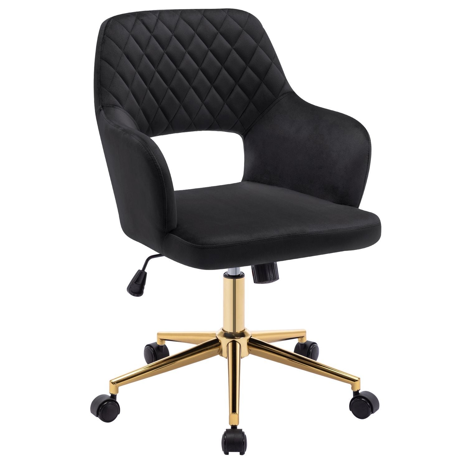 Chaise fauteuil de bureau pivotante dossier surpiqûre sur roulettes en  tissu velours noir pieds métal doré BUR09103