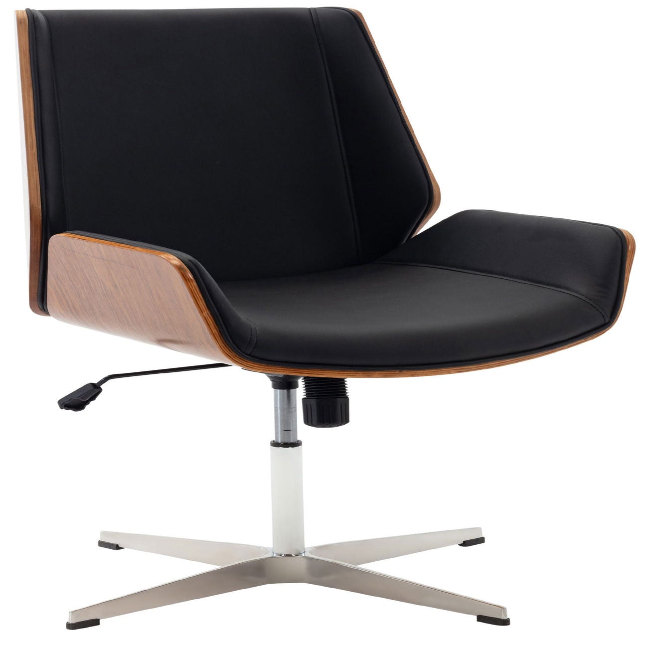 Fauteuil chaise de bureau sans roulettes en similicuir noir et bois noyer  hauteur réglable BUR10438