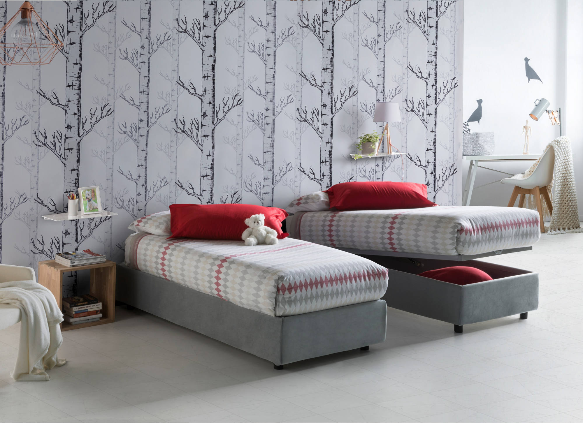 Cama individual, cama contenedor con revestimiento de tela, 100% made in italy, apertura frontal, con colchón cm 80x190 incluido, gris