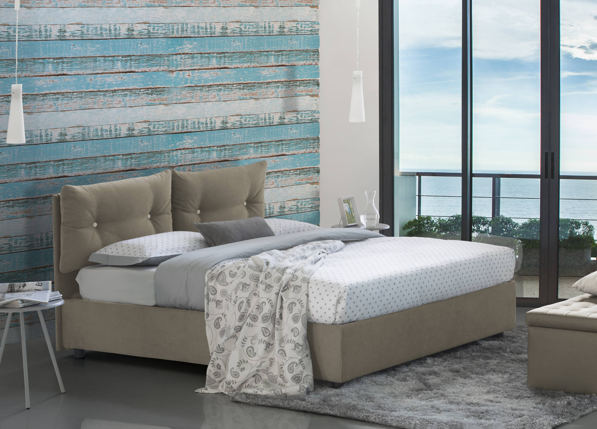 Cama individual, cama contenedor con revestimiento de tela, 100% made in italy, apertura frontal, adecuado para colchón 80x190 cm, tórtola