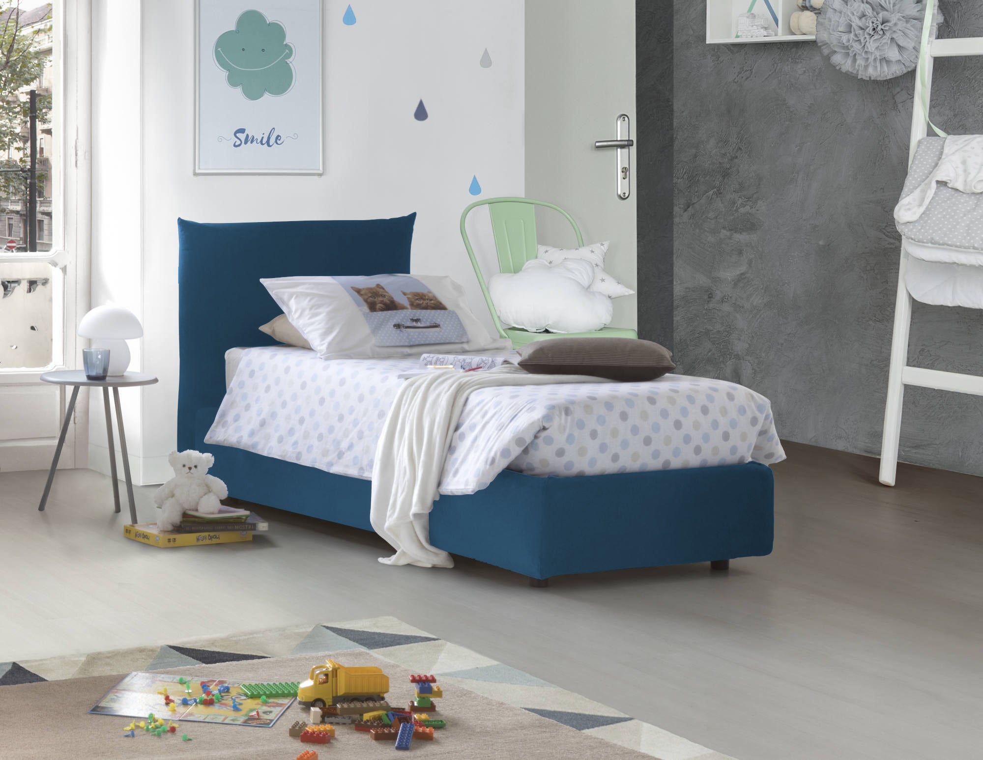 Letto singolo Marina, Letto contenitore con rivestimento in tessuto, 100% Made  in Italy, Apertura laterale, adatto per materasso Cm 80x190, Blu