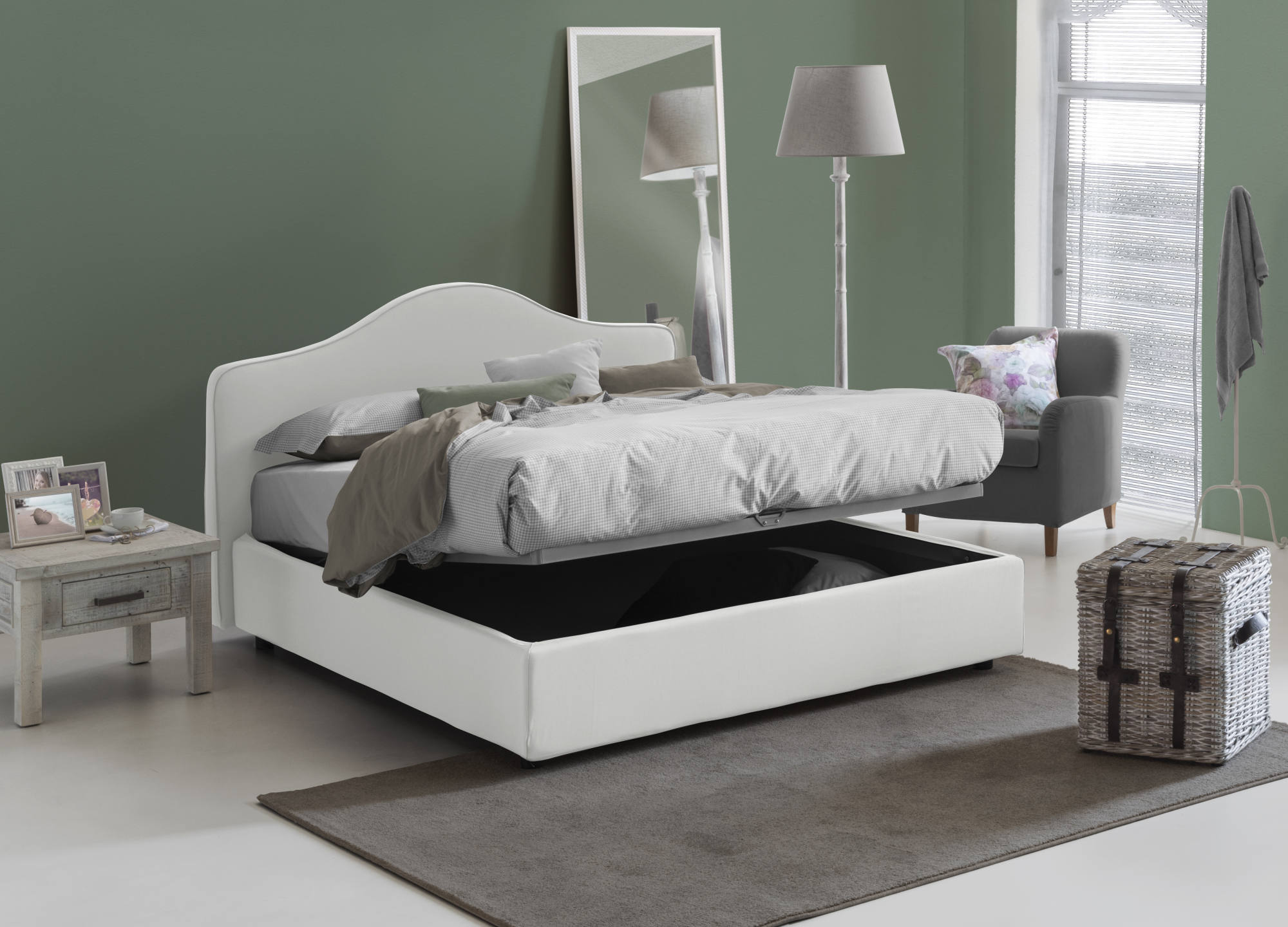 Letto matrimoniale Mirta, Letto contenitore con rivestimento in tessuto,,  Apertura frontale, con materasso Cm 160x200 incluso, Bianco