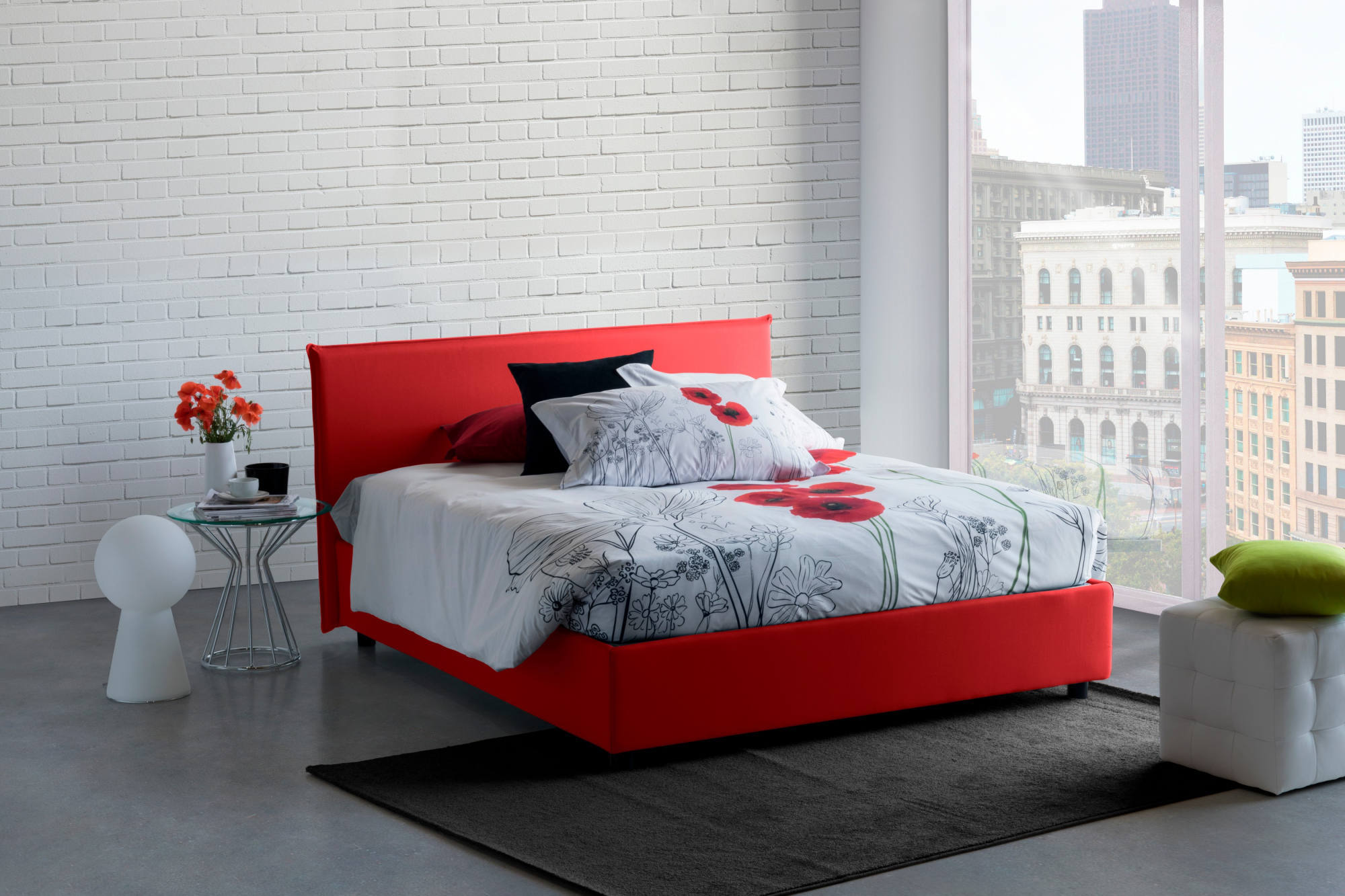 Letto piazza e mezza Daalt, Letto contenitore con rivestimento in tessuto,  Apertura frontale, con materasso Cm 120x200 incluso, Rosso