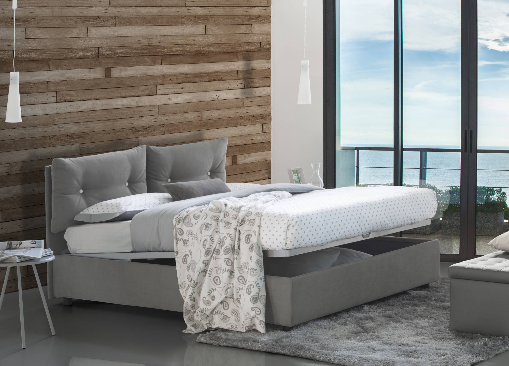 Letto matrimoniale Fabiana, Letto contenitore con rivestimento in