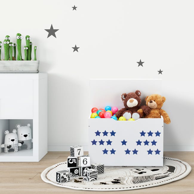 Relaxdays Portagiochi per Bambini con Coperchio, 40 x 60 x 30 cm,  Contenitore con Stelle, Porta Giocattoli, Bianco/Blu