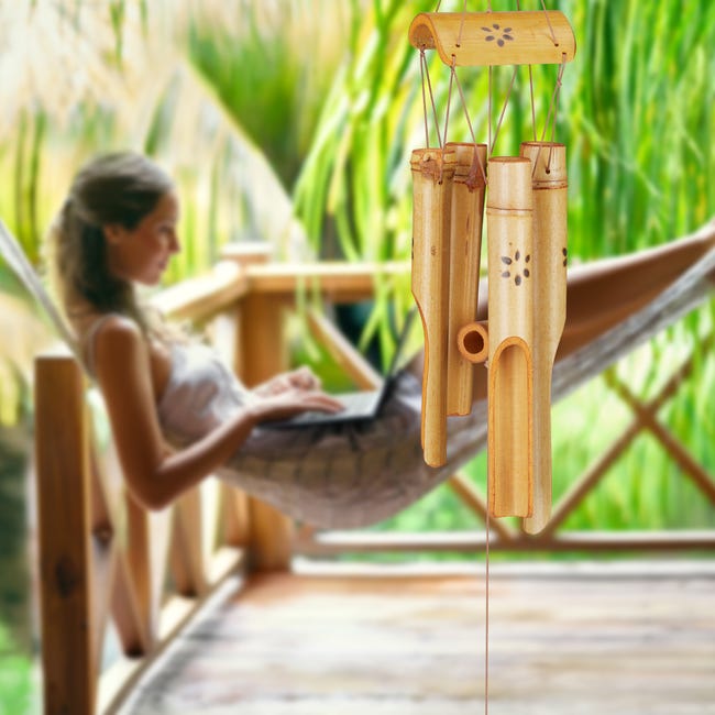 Relaxdays Carillon à vent bambou, moulin à vent, son, décoration jardin,  bois, feng shui mobile, 73 cm, nature