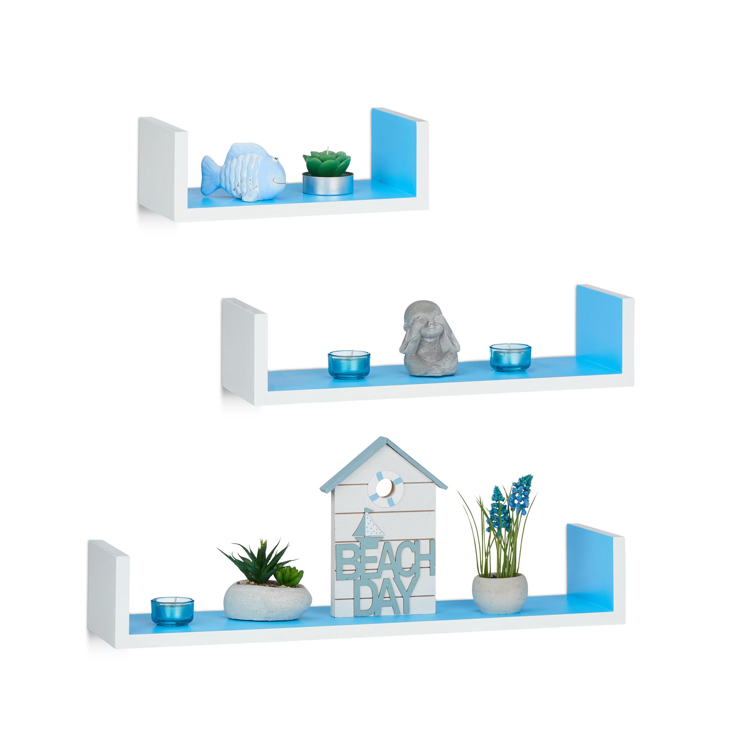 Set da 3 Varie Misure Legno MDF Cubo 25 x 25 x 9 cm Relaxdays 10021791_361 Mensole a Muro Quadrate Bianco/Blu 