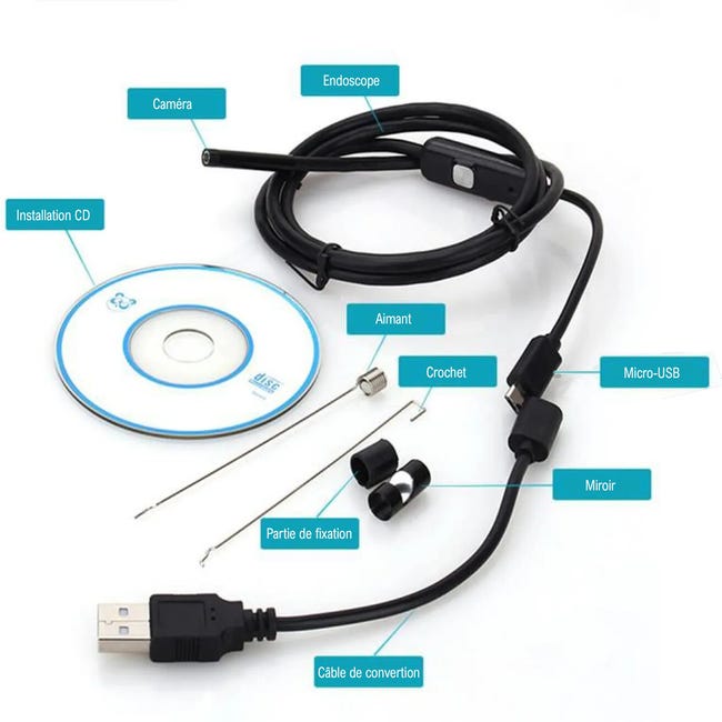 Endoscope, Mini Caméra Endoscopique HD 2M 7mm étanche IP67 6 LED Avec  Crochet / Aimant / Miroir Pour Smartphone Android et PC, Ordinateur