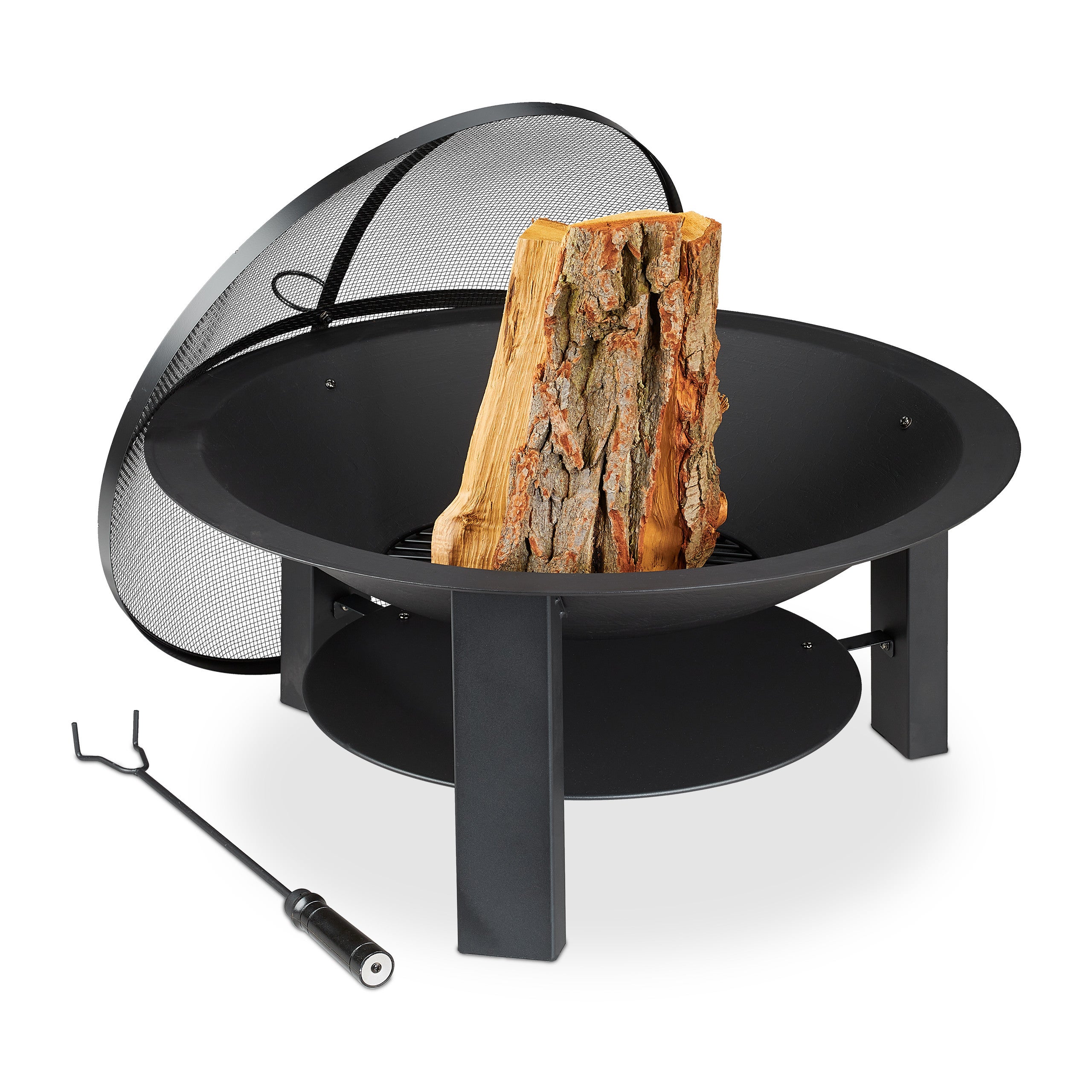 feu de Camp extérieur Jardin et terrasse HxD 52x90 cm Relaxdays Brasero avec Protection étincelles avec tisonnier Noir/doré 