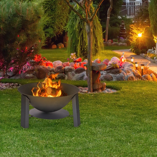 Relaxdays Brasero de jardin, avec pare-étincelles et tisonnier, terrasse,  HxD 51x60 cm, fonte et acier, bac à feu, noir