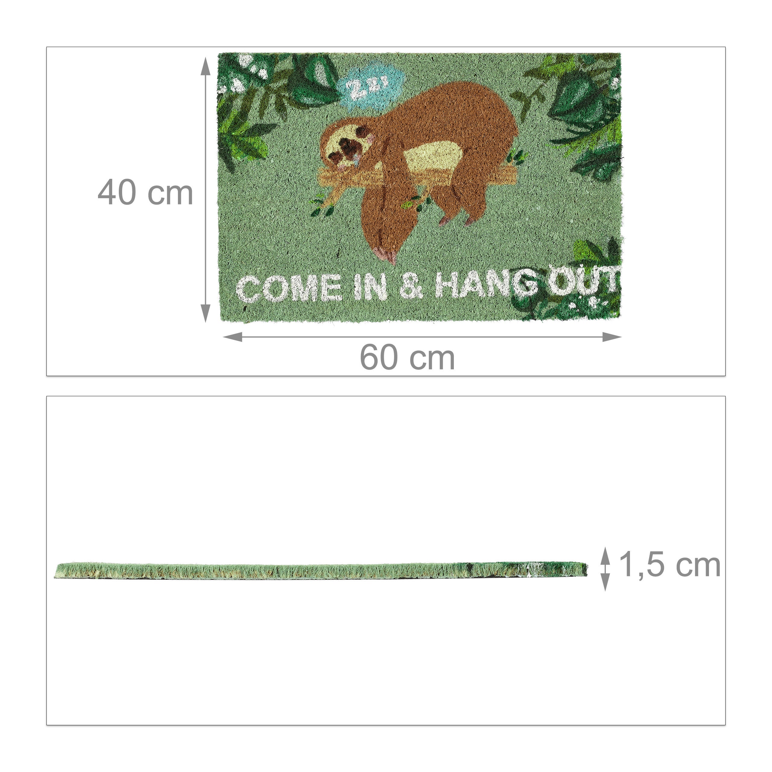 Verde/Marrone “Come in & Hang out” in Cocco Fibre Disegno di Un Bradipo Tappeto Indoor & Outdoor 60x40 PVC Relaxdays Zerbino 1 pz 