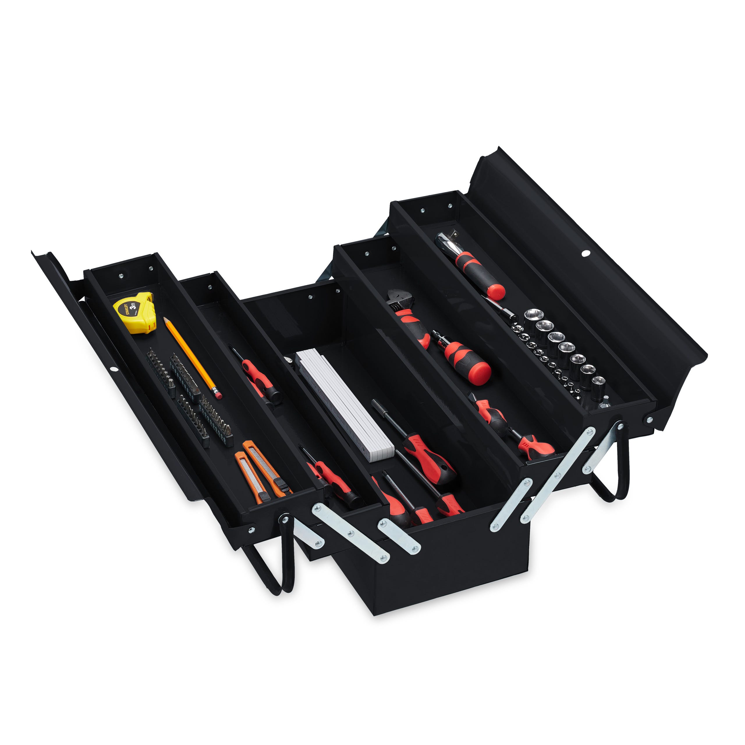 Relaxdays Boîte à outils vide, 5 compartiments; avec poignée, métal,  verrouillable, caisse, HlP 21 x 53 x 20 cm, noire