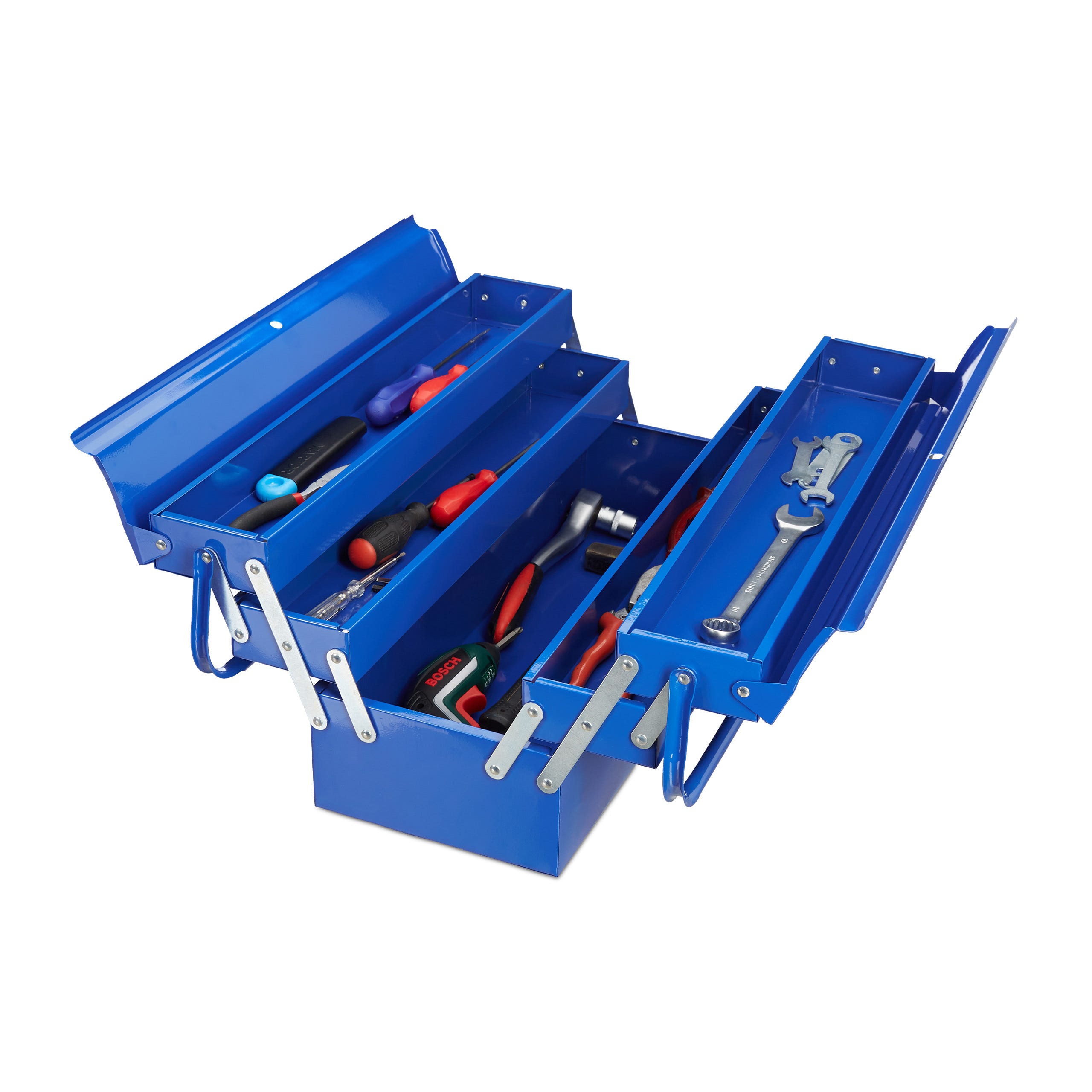 Relaxdays boîte à outils vide, 5 compartiments, poignée, métal, à fermer,  caisses à ustensiles, 21 x 53 x 20 cm, bleu