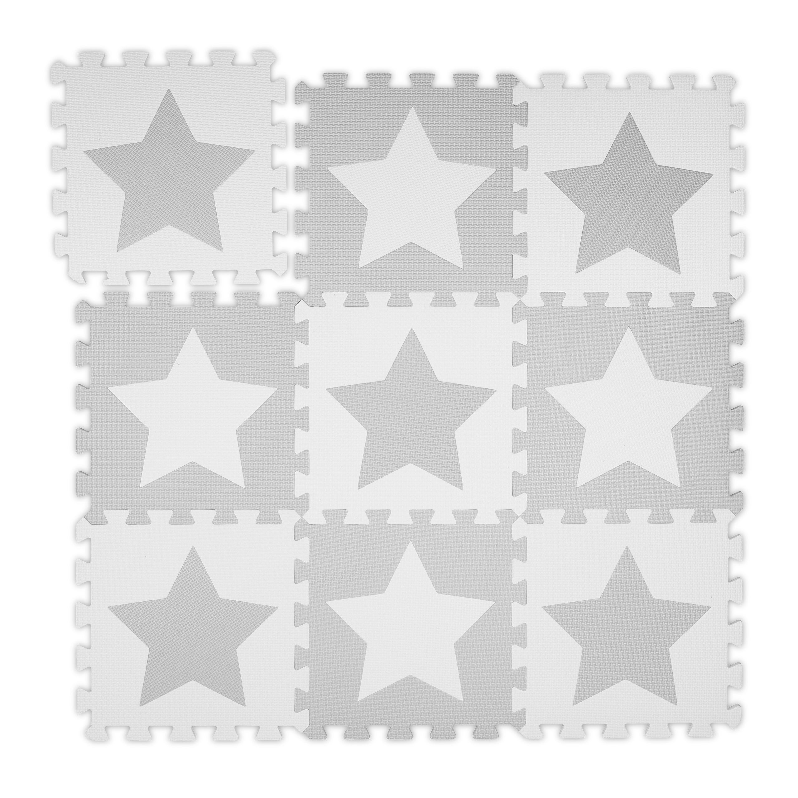 Relaxdays Tapis puzzle étoiles, 9 carrés, 18 pièces, mousse EVA, sans  substances nocives, dalle jeu 91x91 cm, gris clair