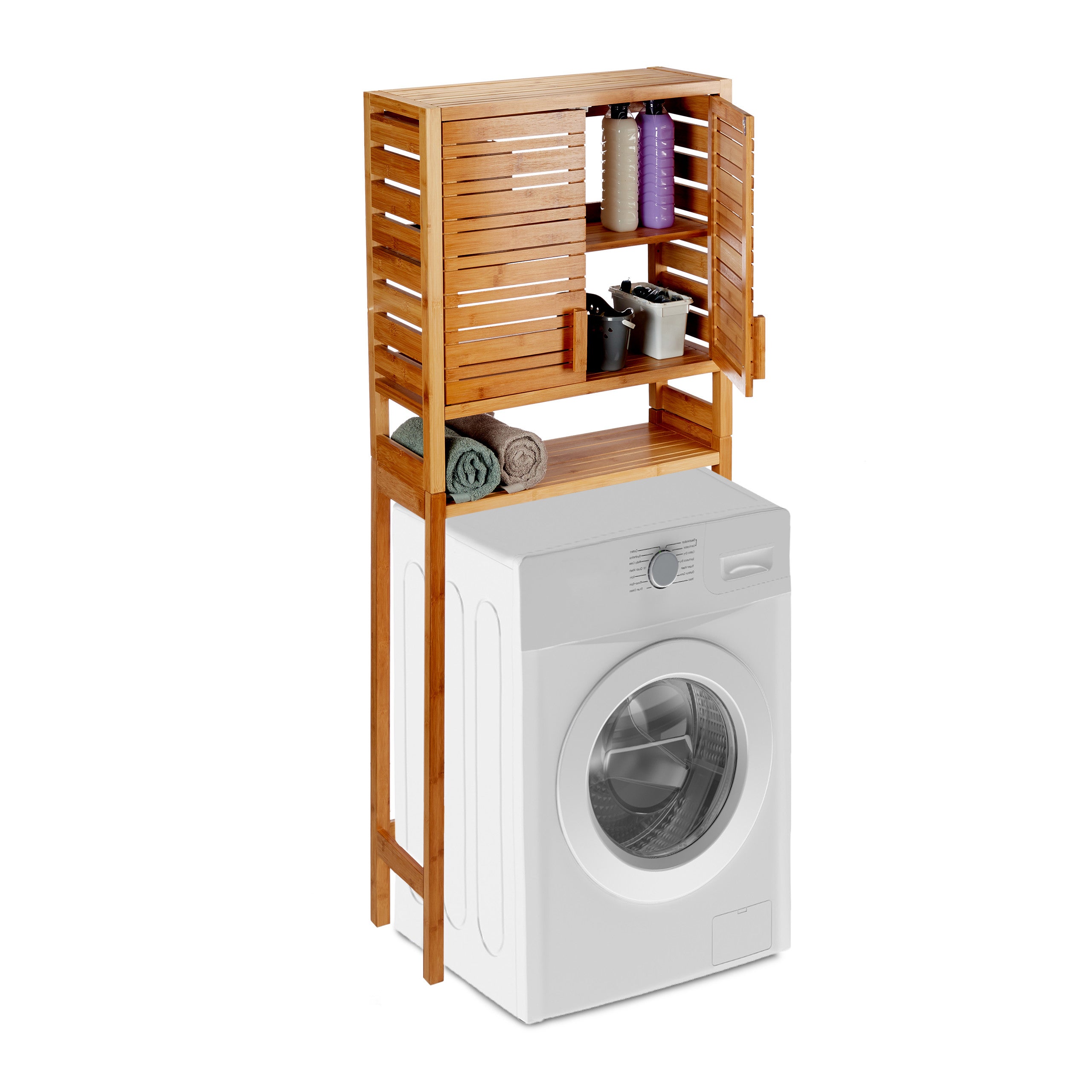 Relaxdays Etagère de machine à laver bambou, 2 rangements, meuble de salle  de bain, 175 x 66 x 30 cm, toilettes, nature