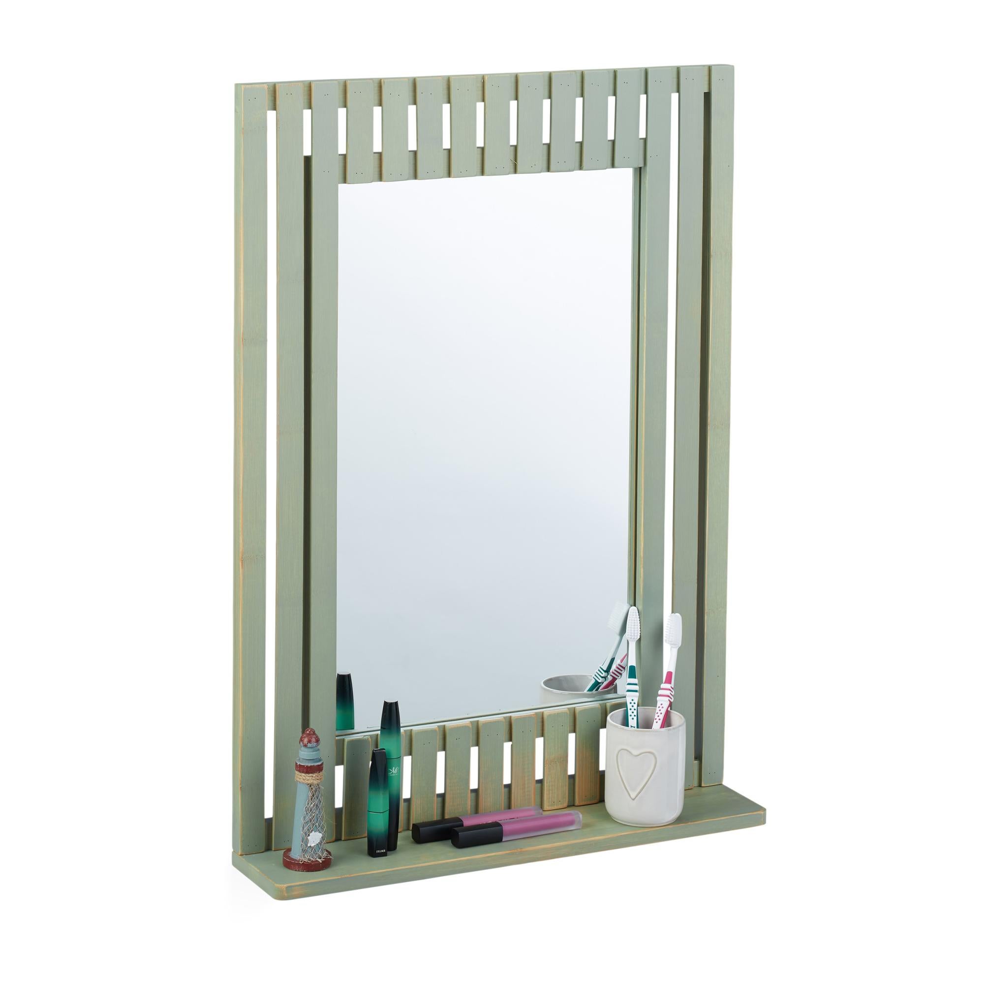 Specchio Da Bagno Con Ripiano E Cornice In Legno: Specchiera Rettangolare 70x50 Cm, Pratica Ed Elegante Per Casa