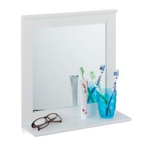 WONSTART Specchio da bagno bianco con mensola, specchio da parete  rettangolare in metallo, da appendere orizzontale o verticale (60 x 50 cm)