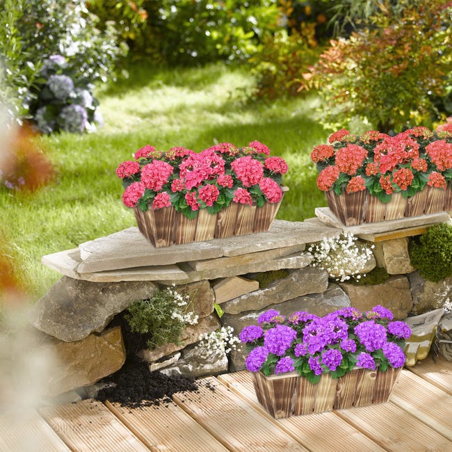 Relaxdays Jardinières en lot, bacs à fleurs en 3 tailles, bois flambé, avec  film plastique, intérieur et extérieur, brun