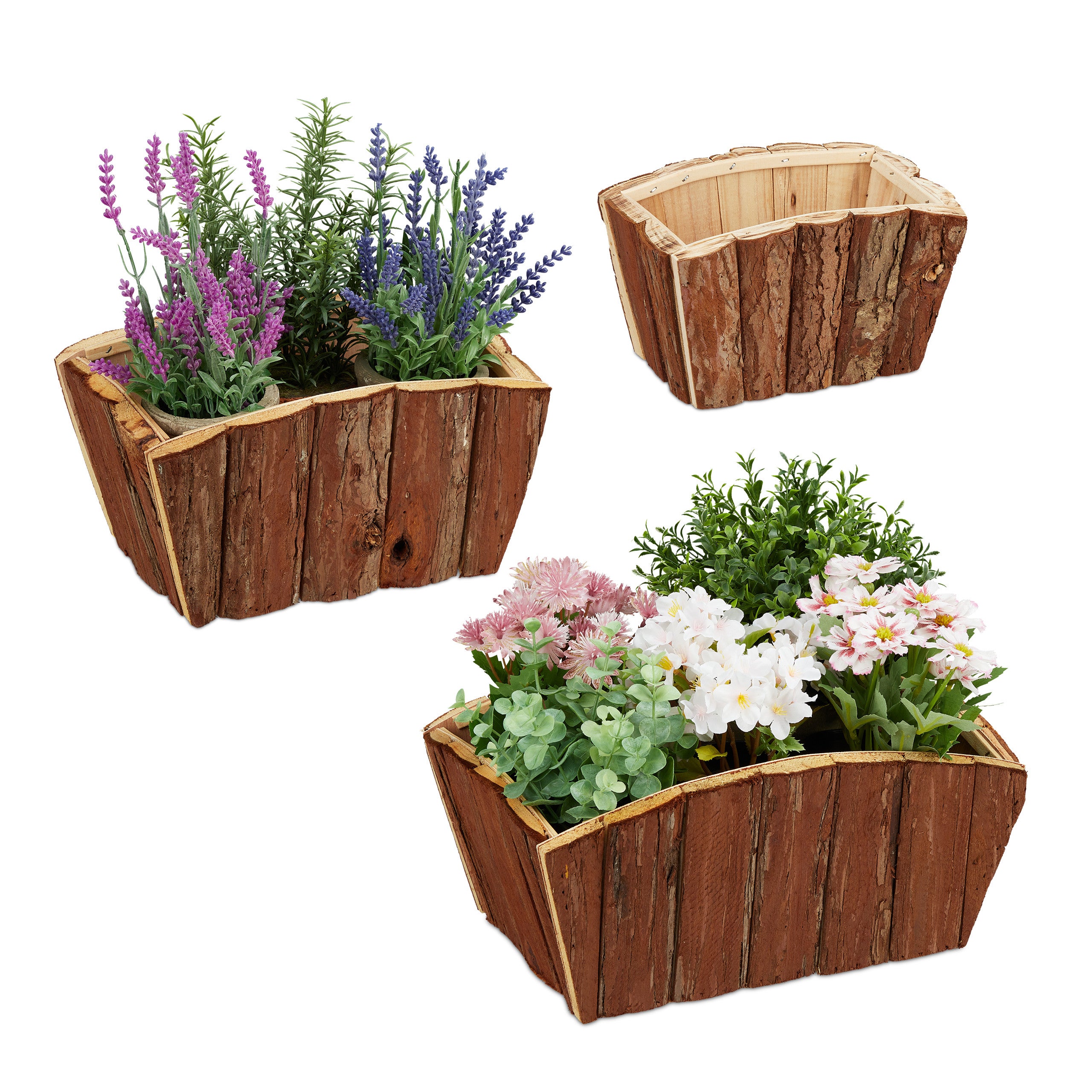 Relaxdays Pots de fleurs extérieur, lot de 3, bois naturel avec