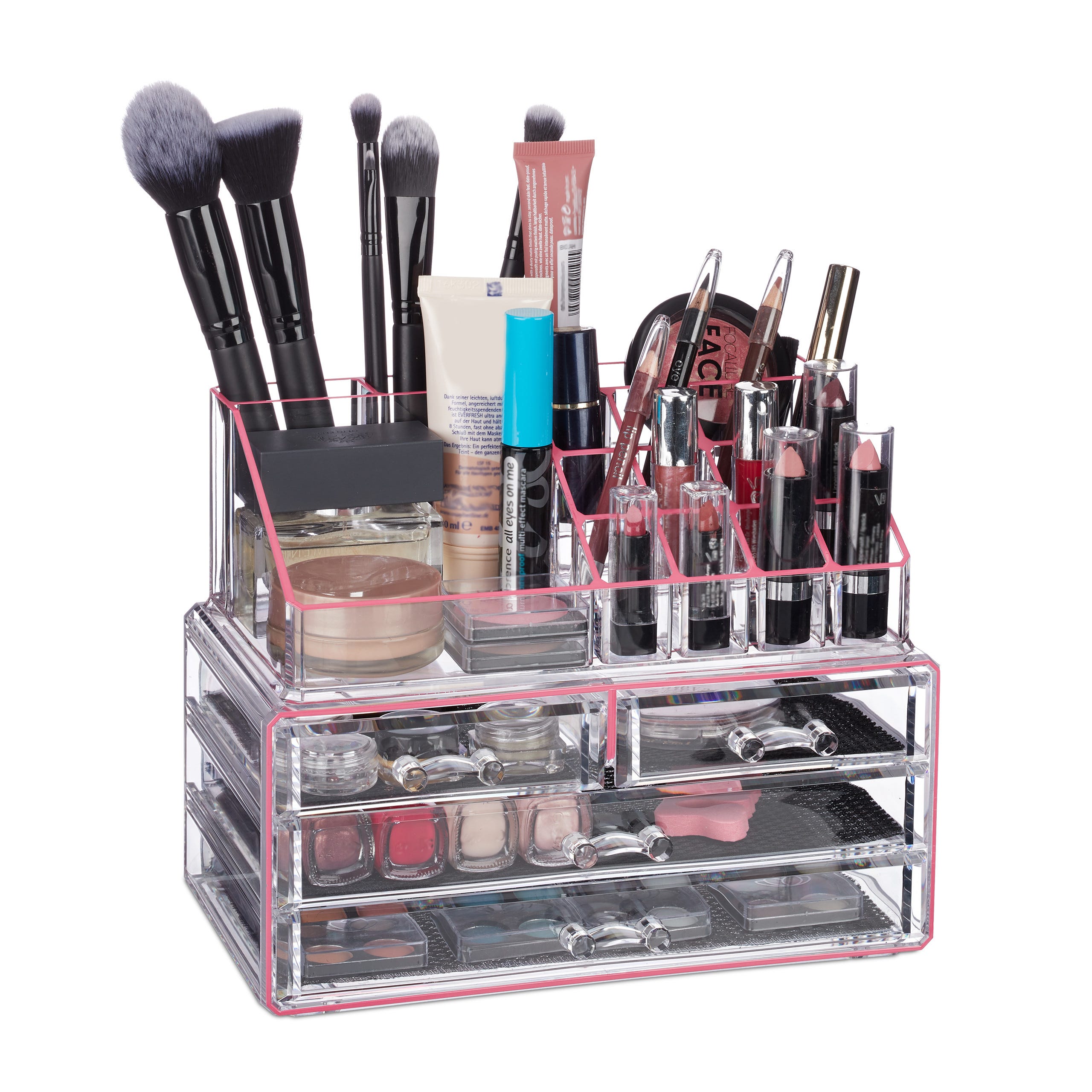 Relaxdays Organisateur cosmétiques 2 parties boîte rangement maquillage  Make up 12 porte-crayons, rose rayé