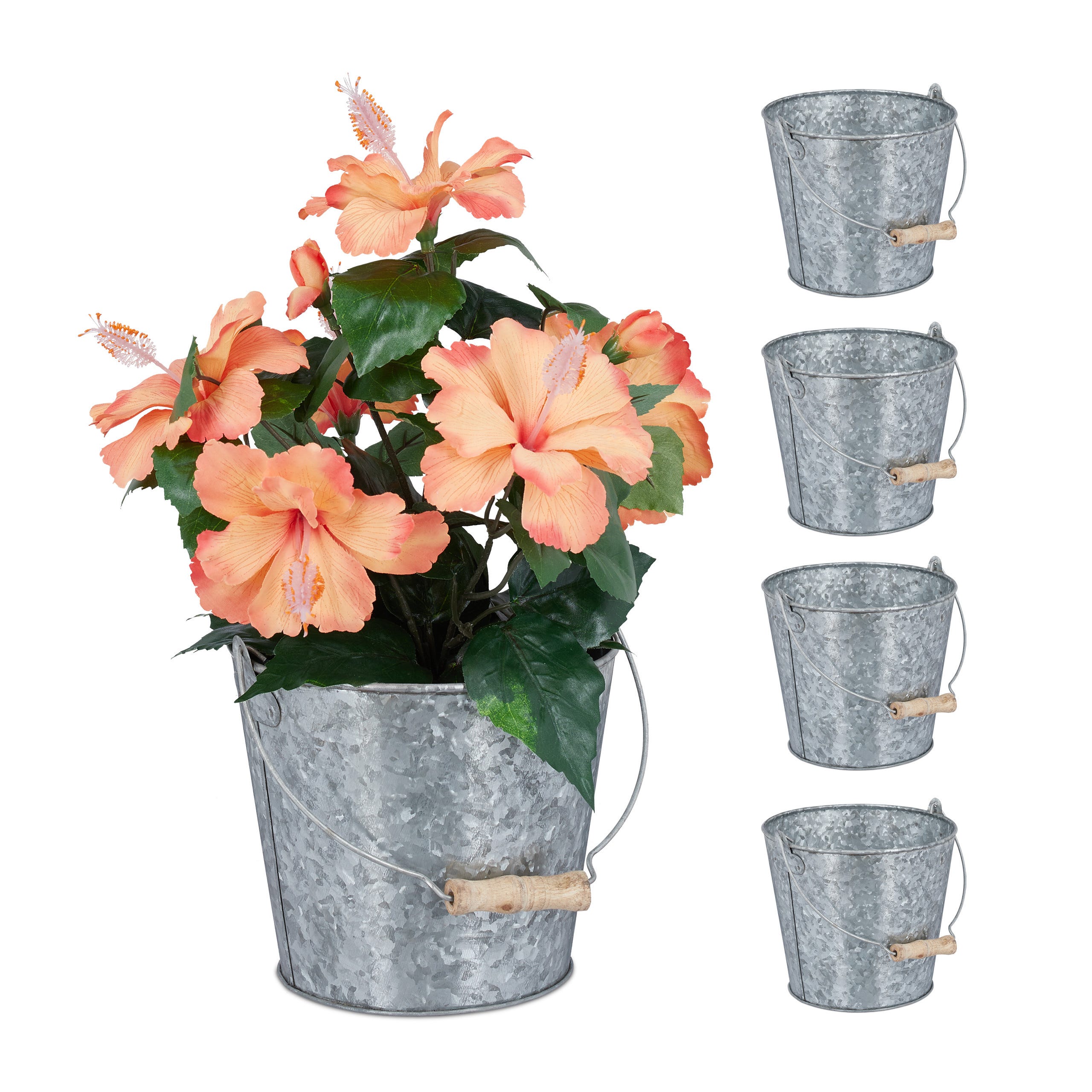 Relaxdays Seau métal en lot de 5, petit pot à fleurs zinc pour cuisine,  balcon et jardin, avec anse, décoration, argenté