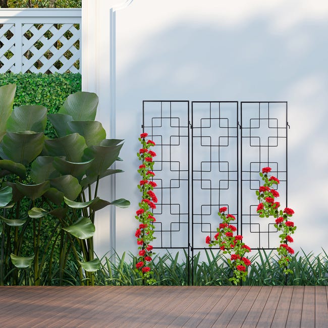 Relaxdays treillis de jardin, métal, lot de 3, à planter, tuteur pour  plantes grimpantes, 122 x 30,5 cm, jardin, noir
