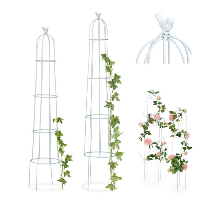 Relaxdays Obélisque de jardin, Colonne rosier, Arche plante grimpante, Set  de 2 métal Cage rose H 139 et 149 cm, noir