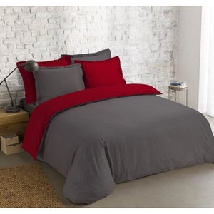 Parure de couette Microfibre JAPANESE BAMBOO - 1 housse de couette 220x240  cm + 2 taies 63x63 cm - Gris et Rouge