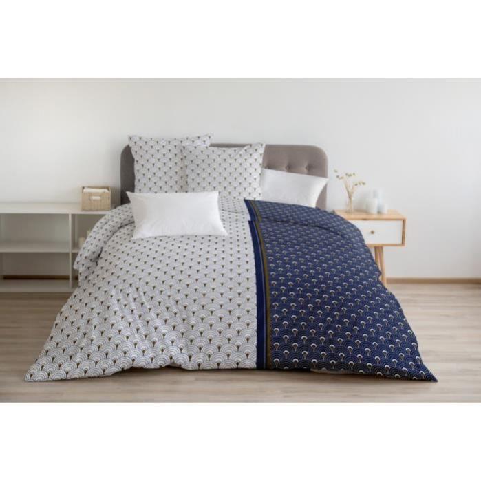 HOME LINGE PASSION Parure de couette Rainbow - 1 housse de couette 240 x 260 cm + 2 taies 65 x 65 cm - Bleu et blanc - 5