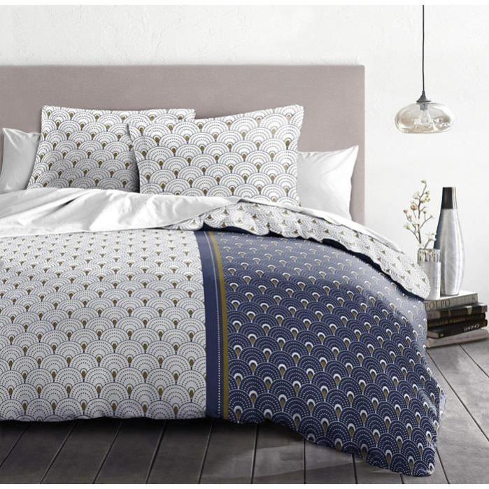 HOME LINGE PASSION Parure de couette Rainbow - 1 housse de couette 240 x 260 cm + 2 taies 65 x 65 cm - Bleu et blanc - 7