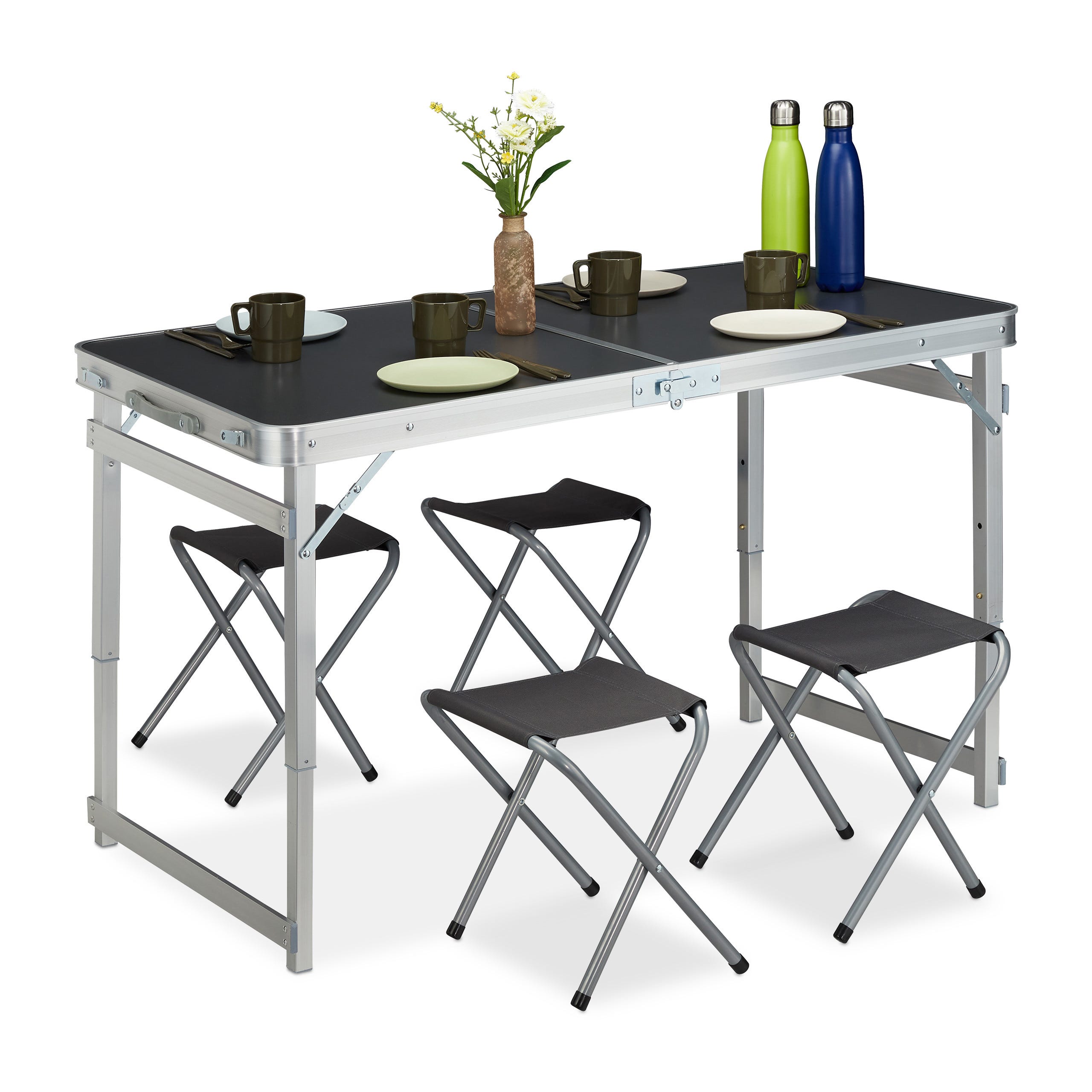 Relaxdays Tavolino da Campeggio, Pieghevole, 4 Sedie, Regolabile in  Altezza, 120 x 60 cm, Alluminio, MDF, Argento/Grigio
