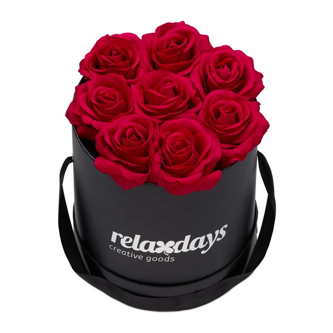 Relaxdays Box di Rose Rotonda, 8 Rose, Nero, Resistente 10 Anni, Idea Regalo, Box Decorativo, rosse - 1