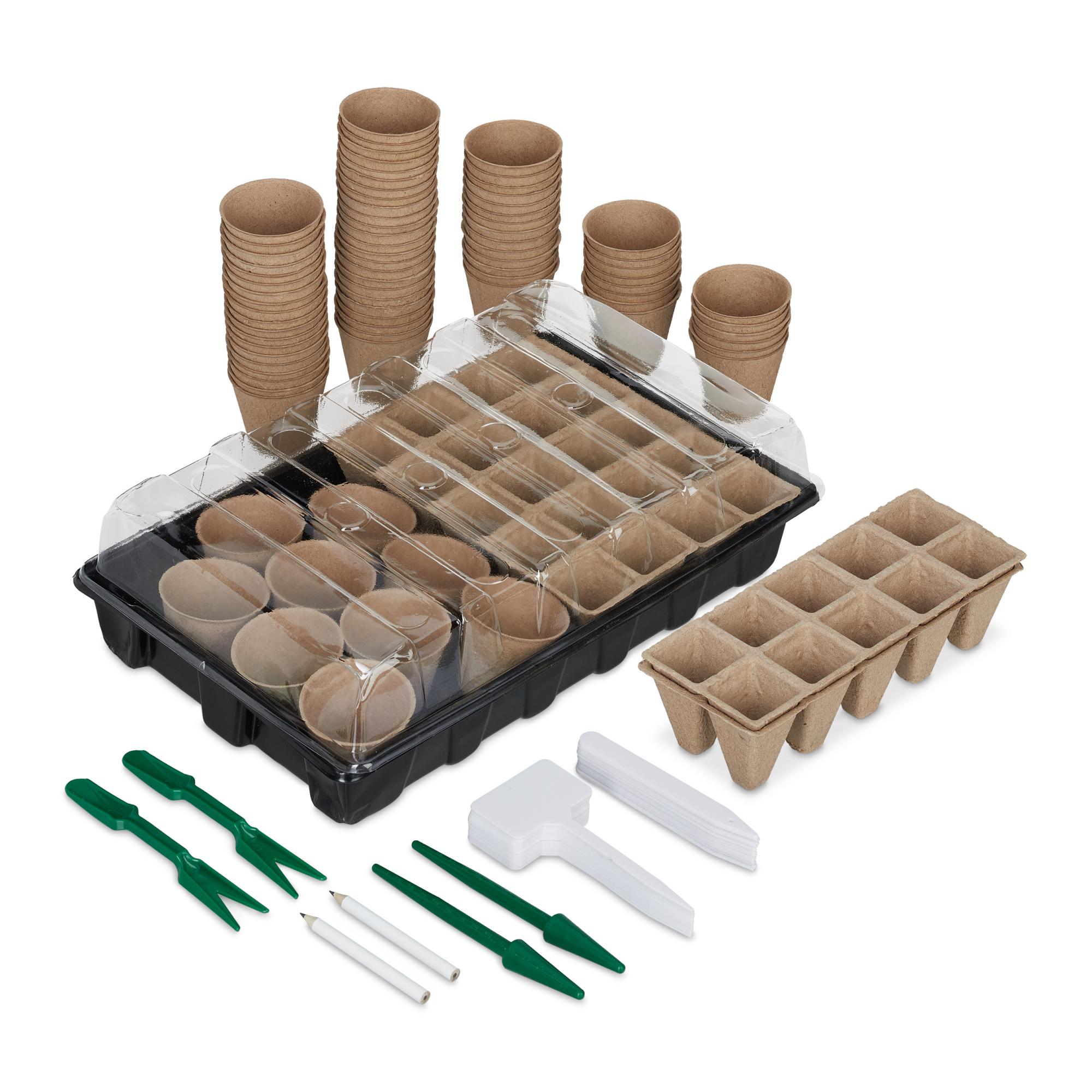 Relaxdays Kit germination graines, 131 pièces, plantes, plantation, godets semis, outils de