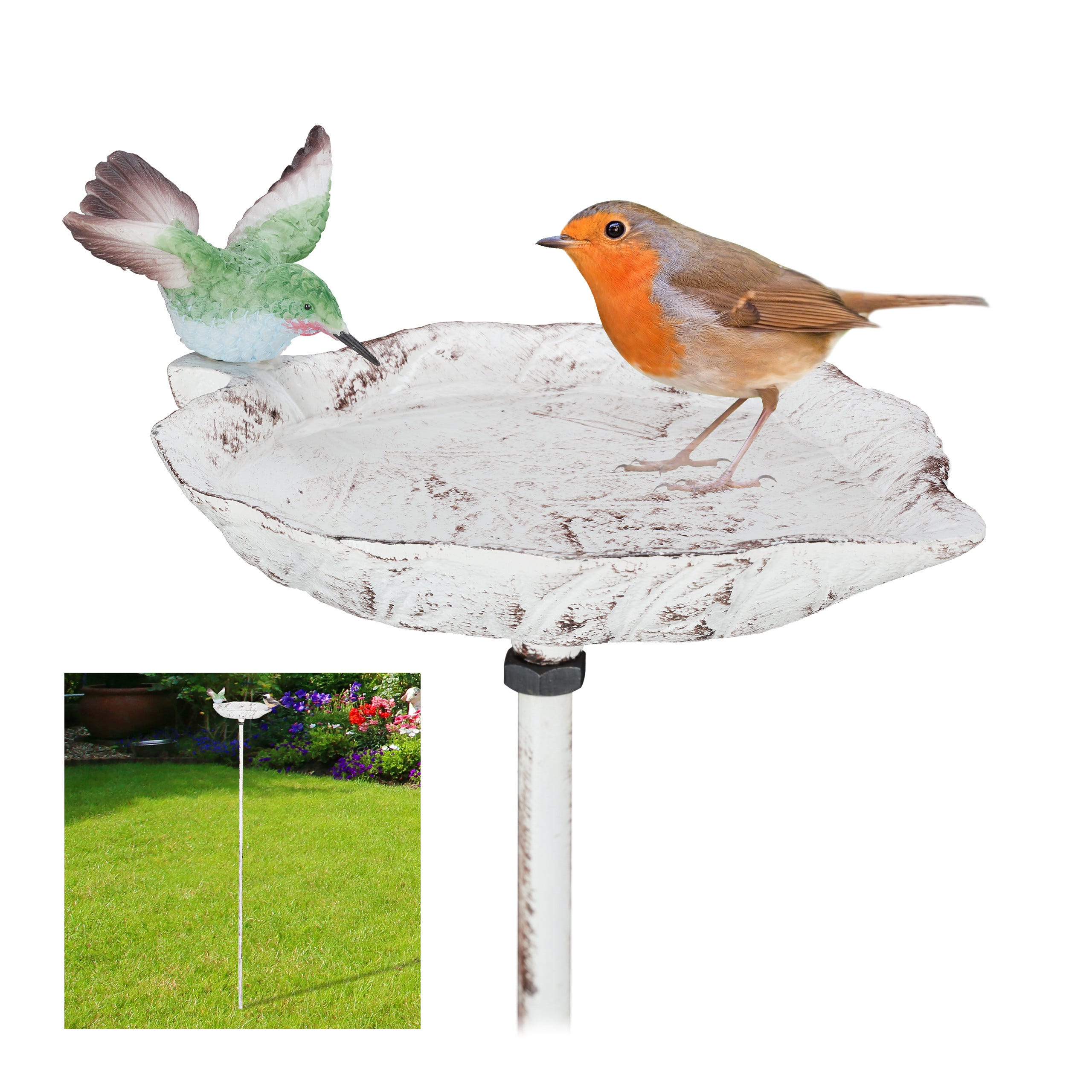 Relaxdays Abreuvoir pour oiseaux en fonte, avec pic de terre, Décoration  pour jardin, Mangeoires, 1 m de hauteur, blanc