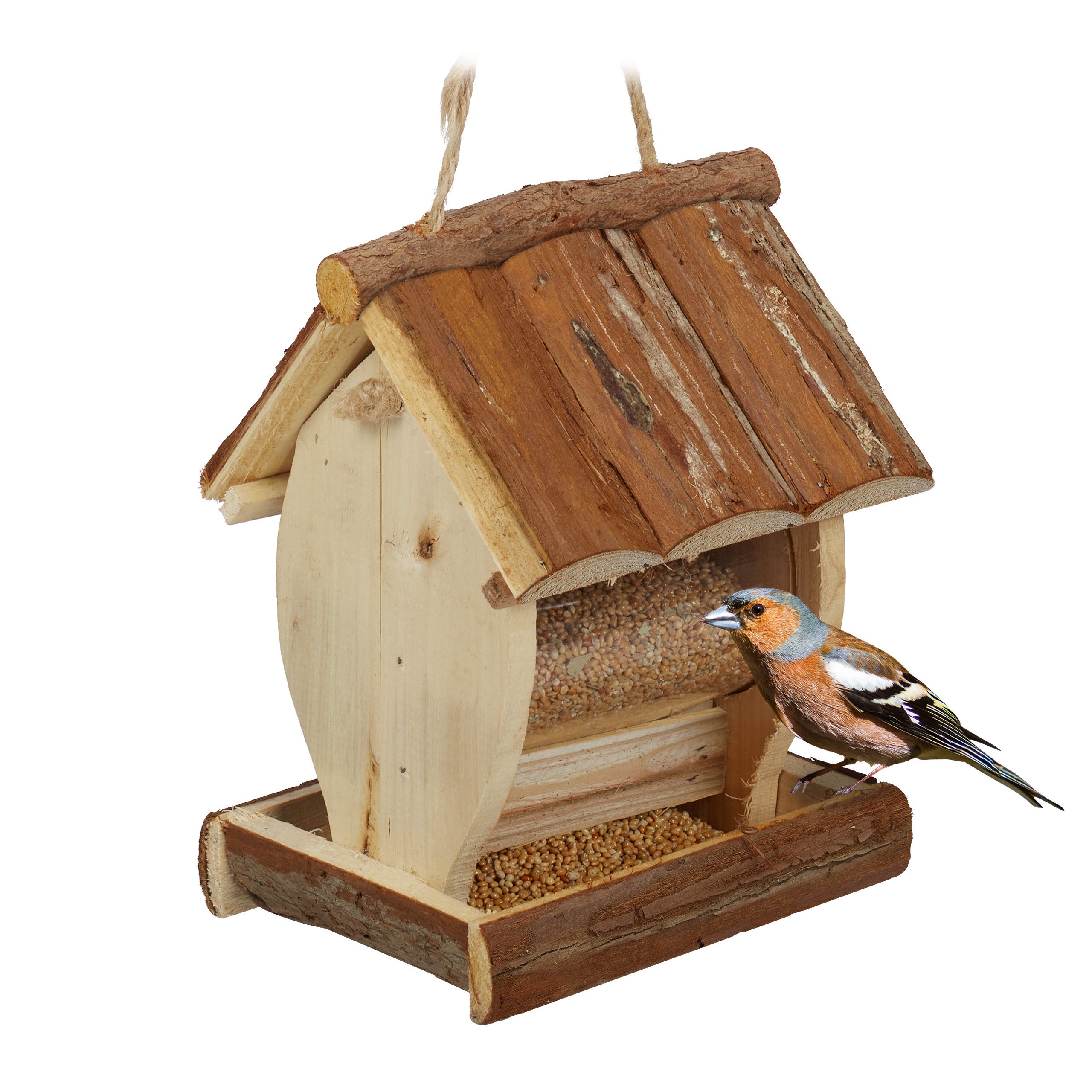 Relaxdays Mangeoire à oiseaux, en bois, à suspendre, avec écorce et  réservoir, H x L x P : 20 x 15,5 x 13 cm, nature