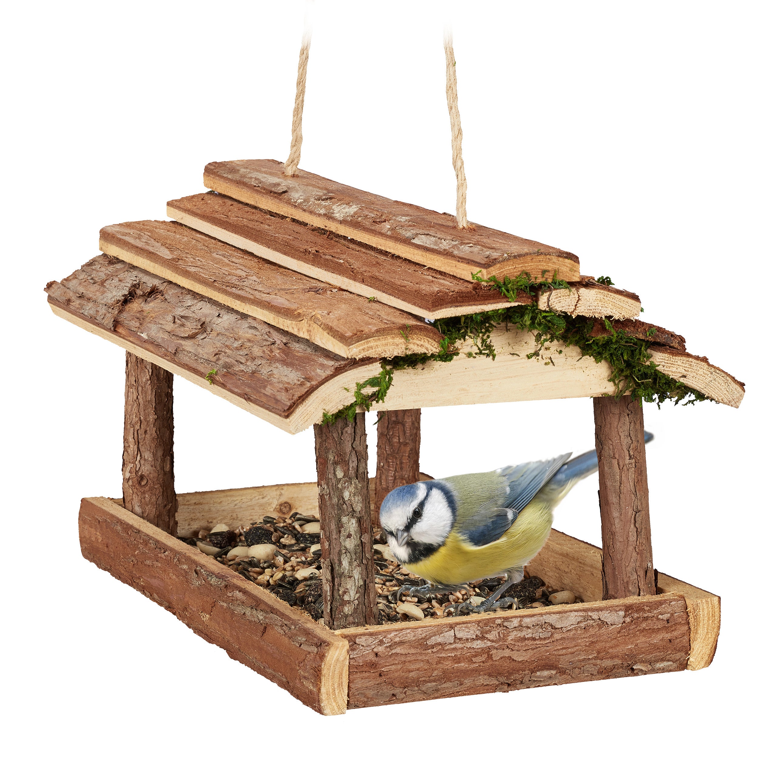 Relaxdays Mangeoire à oiseaux, en bois, avec écorce et mousse, à