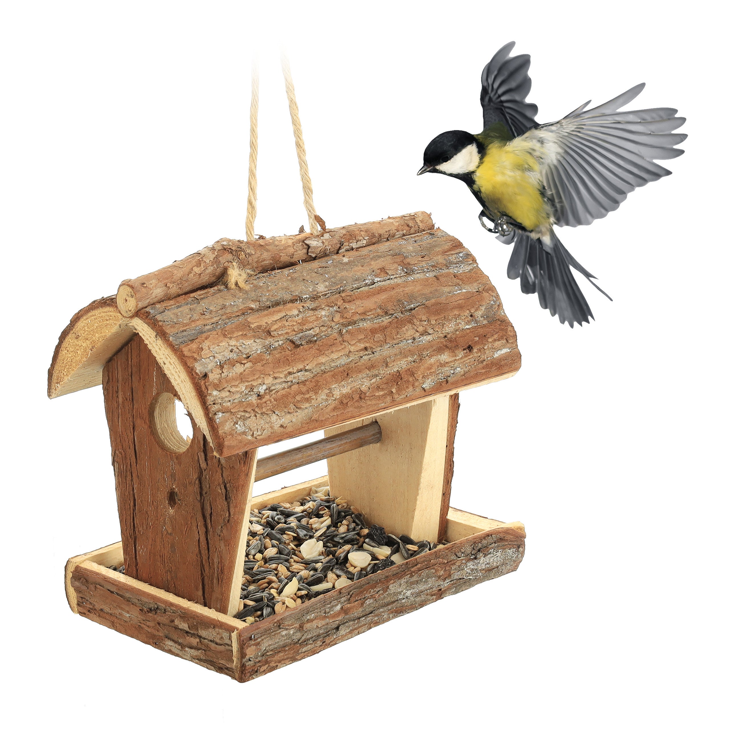 Relaxdays Mangeoire à oiseaux, en bois, avec écorce et mousse, à suspendre,  H x L x P : 19 x 21 x 23 cm, nature