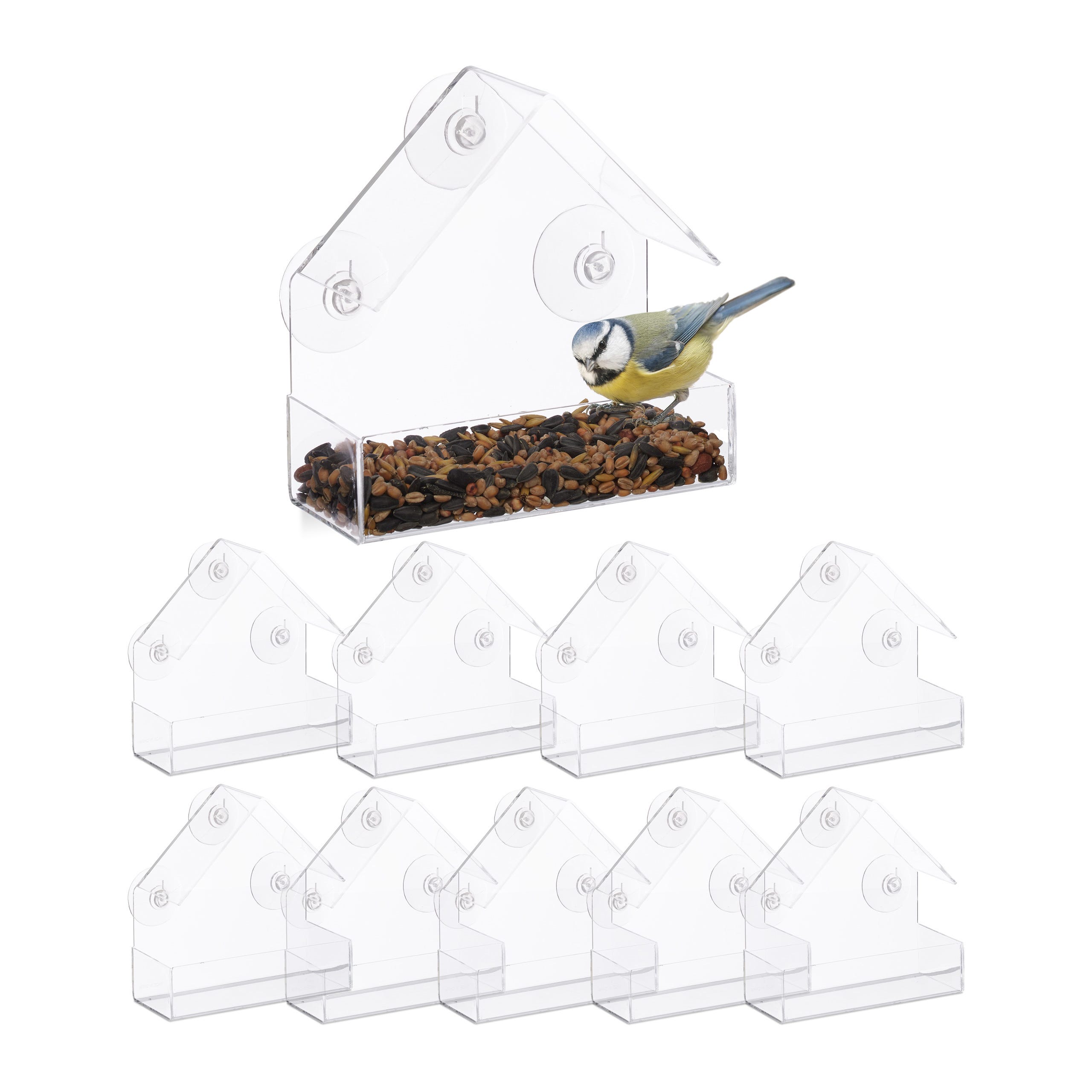 Mangeoire à oiseaux fenêtre, en lot de 10, 3 ventouses, Distributeur de  graines, Nichoir, HLP : 15x15x7 cm, transparent
