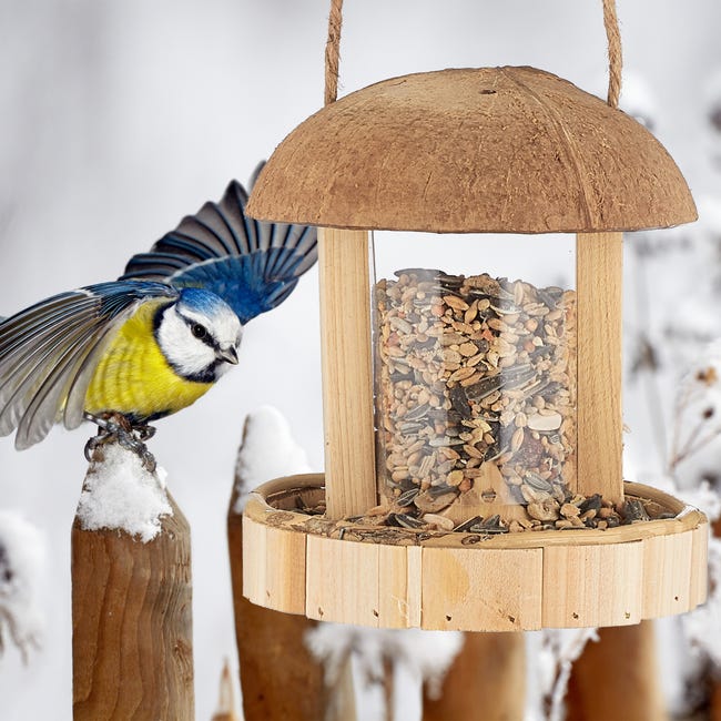 Relaxdays mangeoire à oiseaux en bois, à suspendre, Abris pour balcon &  jardin, fait main, HxD: 17 x 14,5 cm, nature