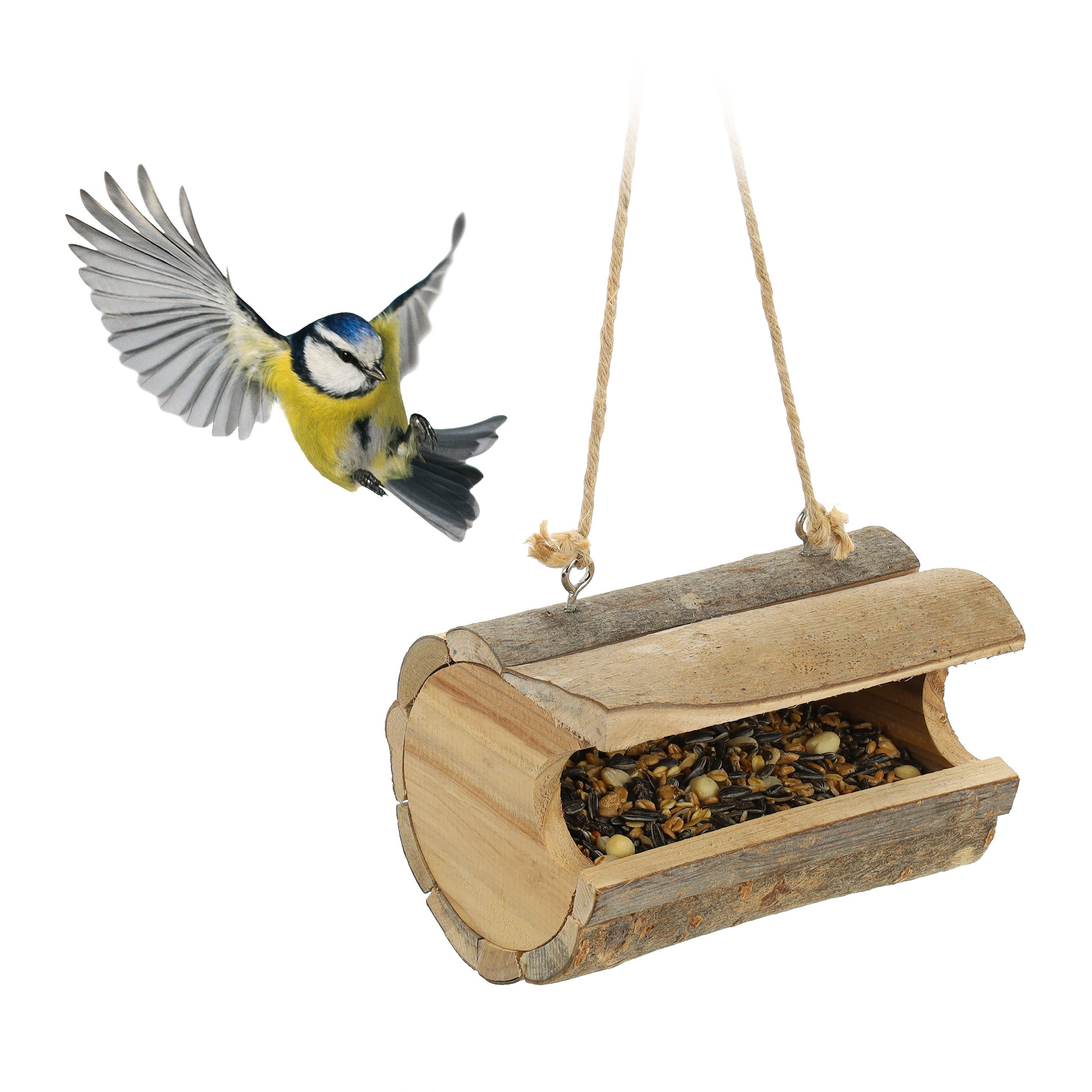 Relaxdays Mangeoire à oiseaux à suspendre, en bois, avec écorce, pour amis  ailés, HxLxP : env. 12 x 18 x 12,5 cm, nature