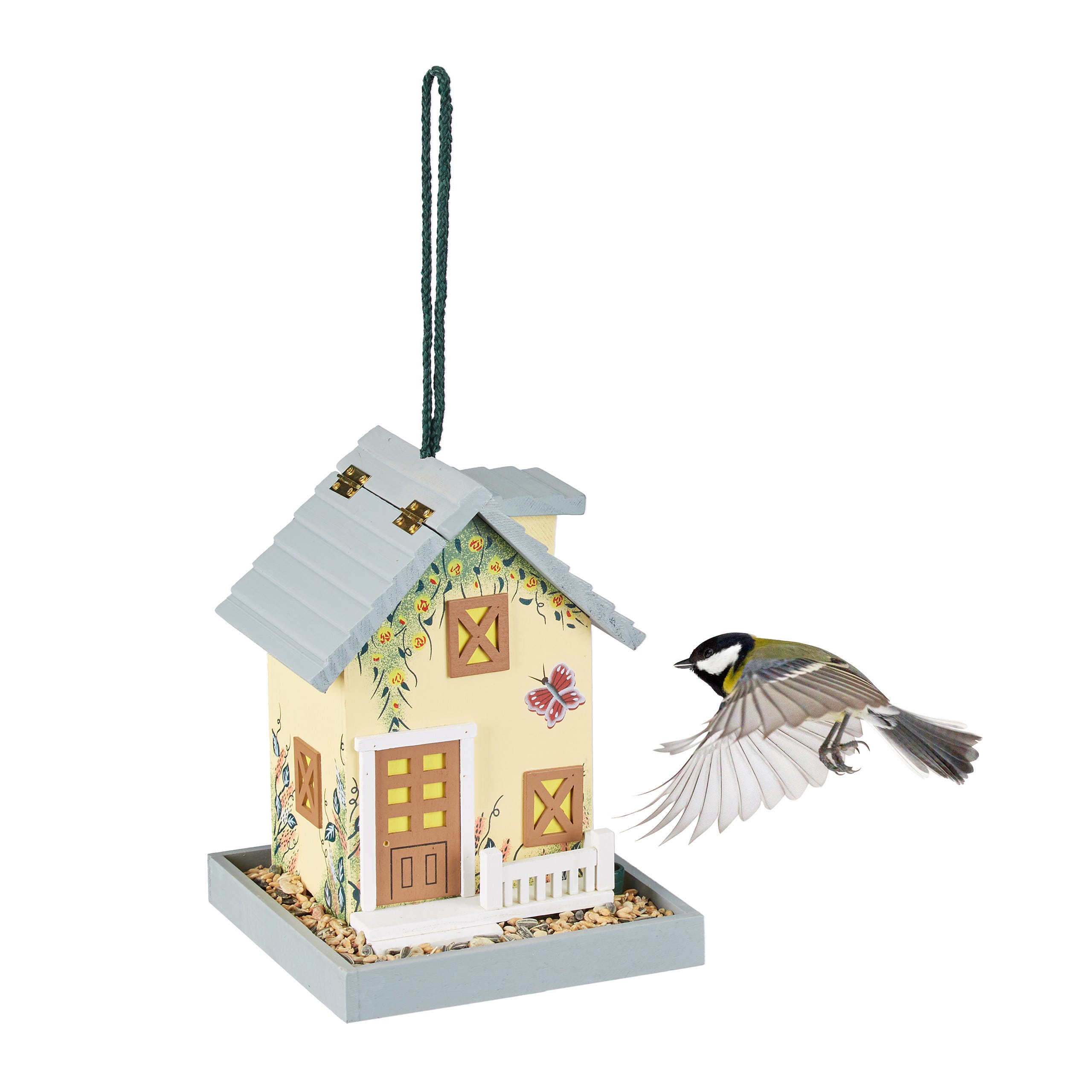 Relaxdays Mangeoire d'extérieur pour oiseaux, cabane de jardin en bois, à  suspendre, HLP: 23,5x18x18 cm, multicolore