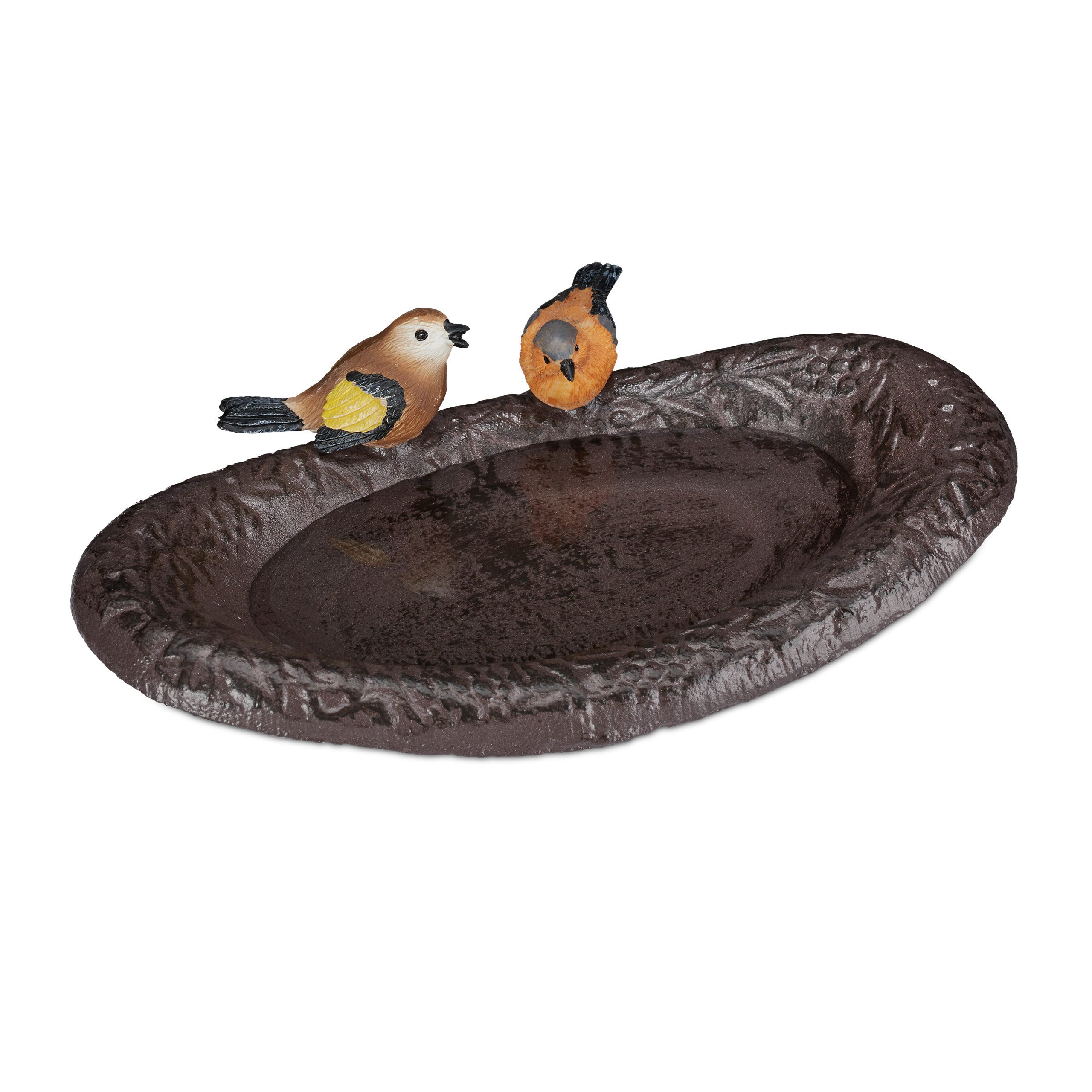 Relaxdays Bain d'oiseaux sauvages, décoration en fonte de fer, largeur : 24  cm, pour le jardin, marron