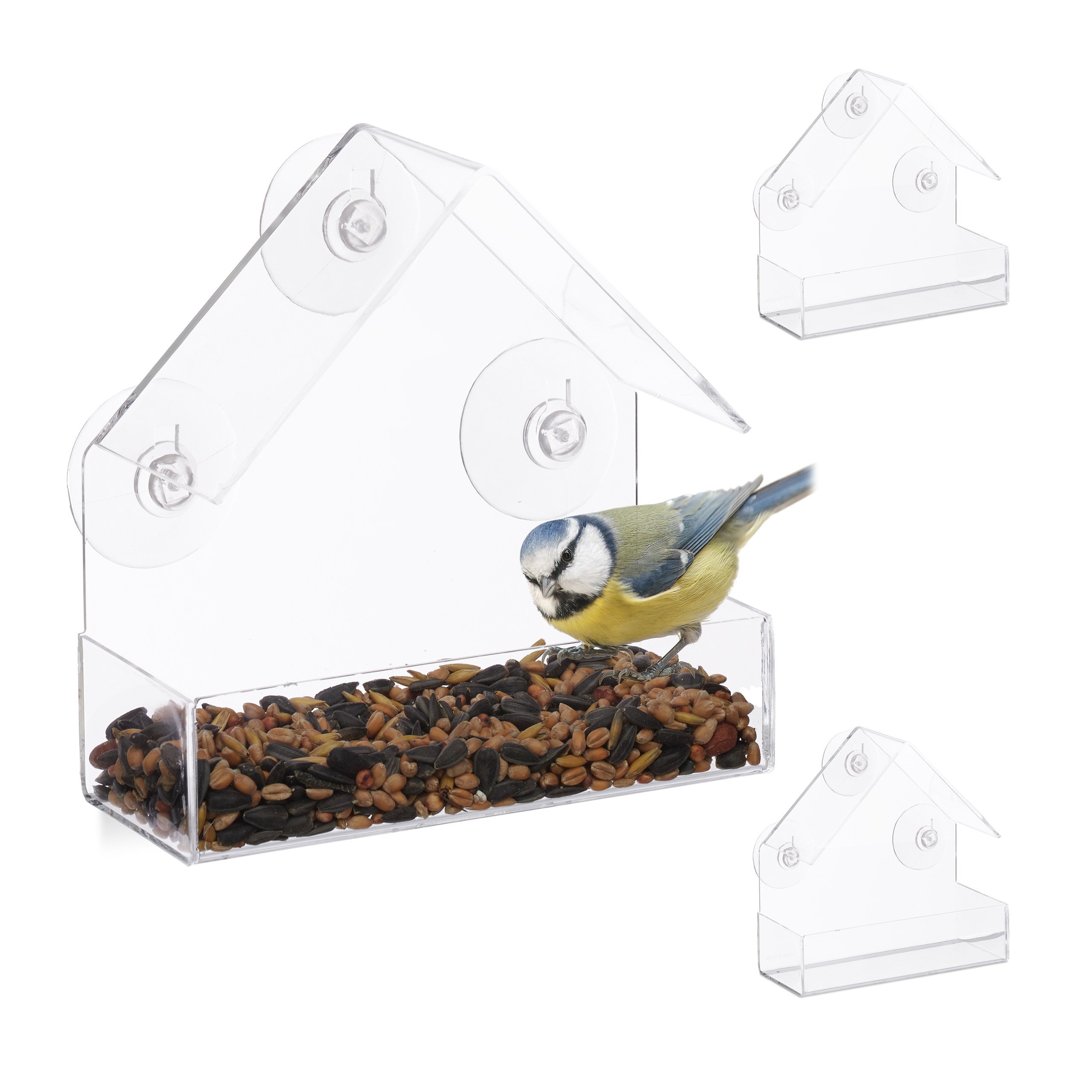 Mangeoire à oiseaux fenêtre, en lot de 3, 3 ventouses, Distributeur de  graines, Nichoir, HLP : 15x15x7 cm, transparent